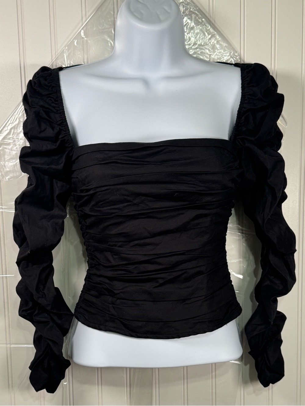 Reformation Joi Top Black Ruched Square-Neck Long Sleeve Top
